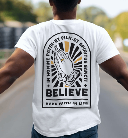 Male wearing UNIT//002 BELIEVE premium white t-shirt